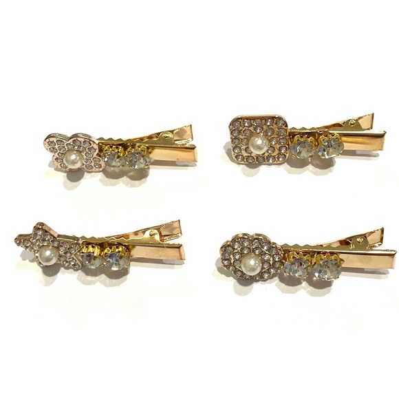 Set Of 4 Rhinestone Hair Clips Barrettes Gold Tone Updos Star Flowers - Picture 2 of 8